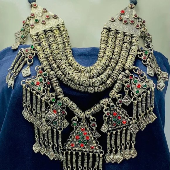 Layered Beaded Choker Necklace, Handmade Oversized With Necklace With Dangling - Picture 1 of 8